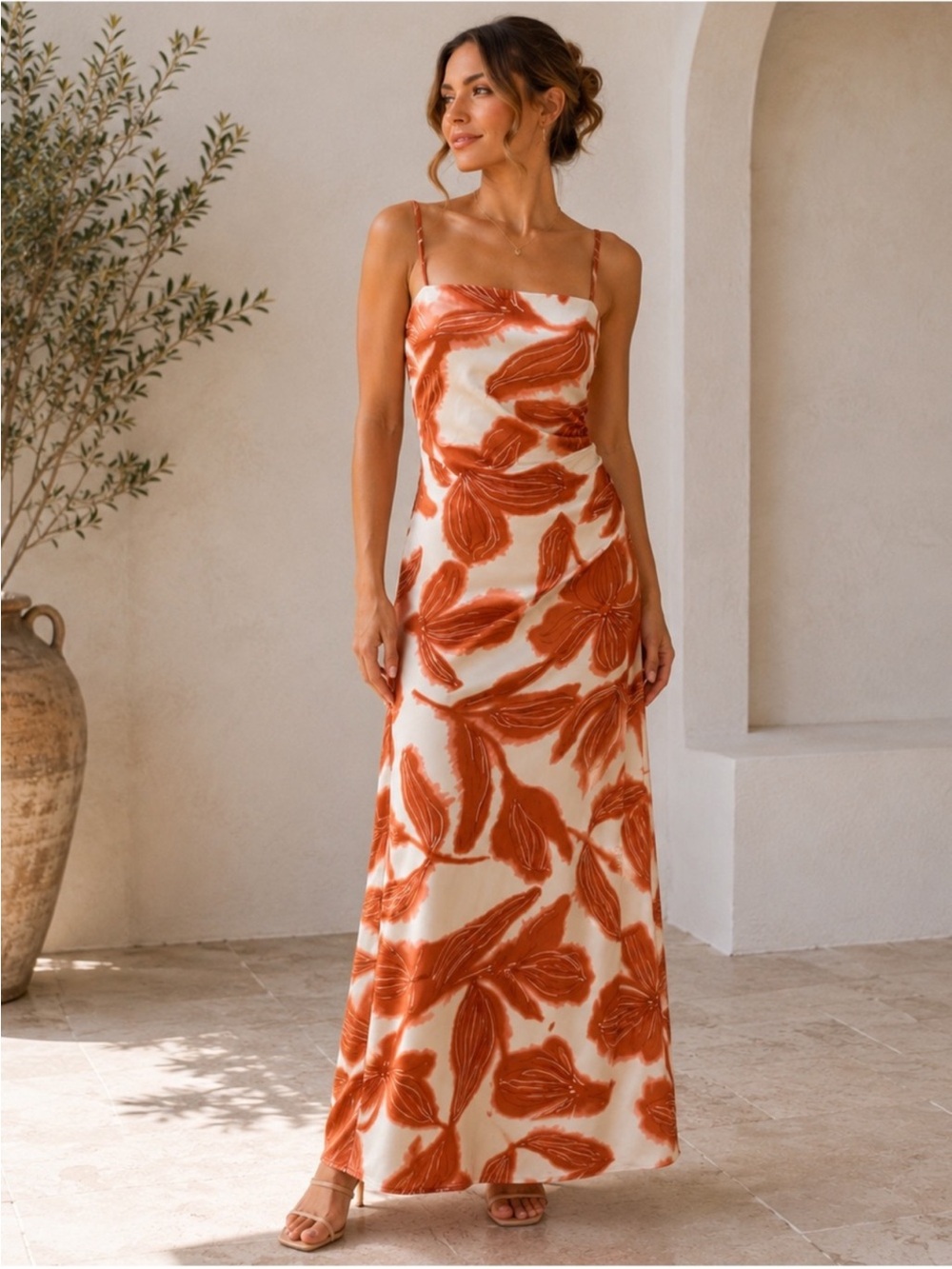 House of Harlow 1960 Spaghetti-Strap Floral Midi Dress in Cream and Rust - Picture 13 of 16